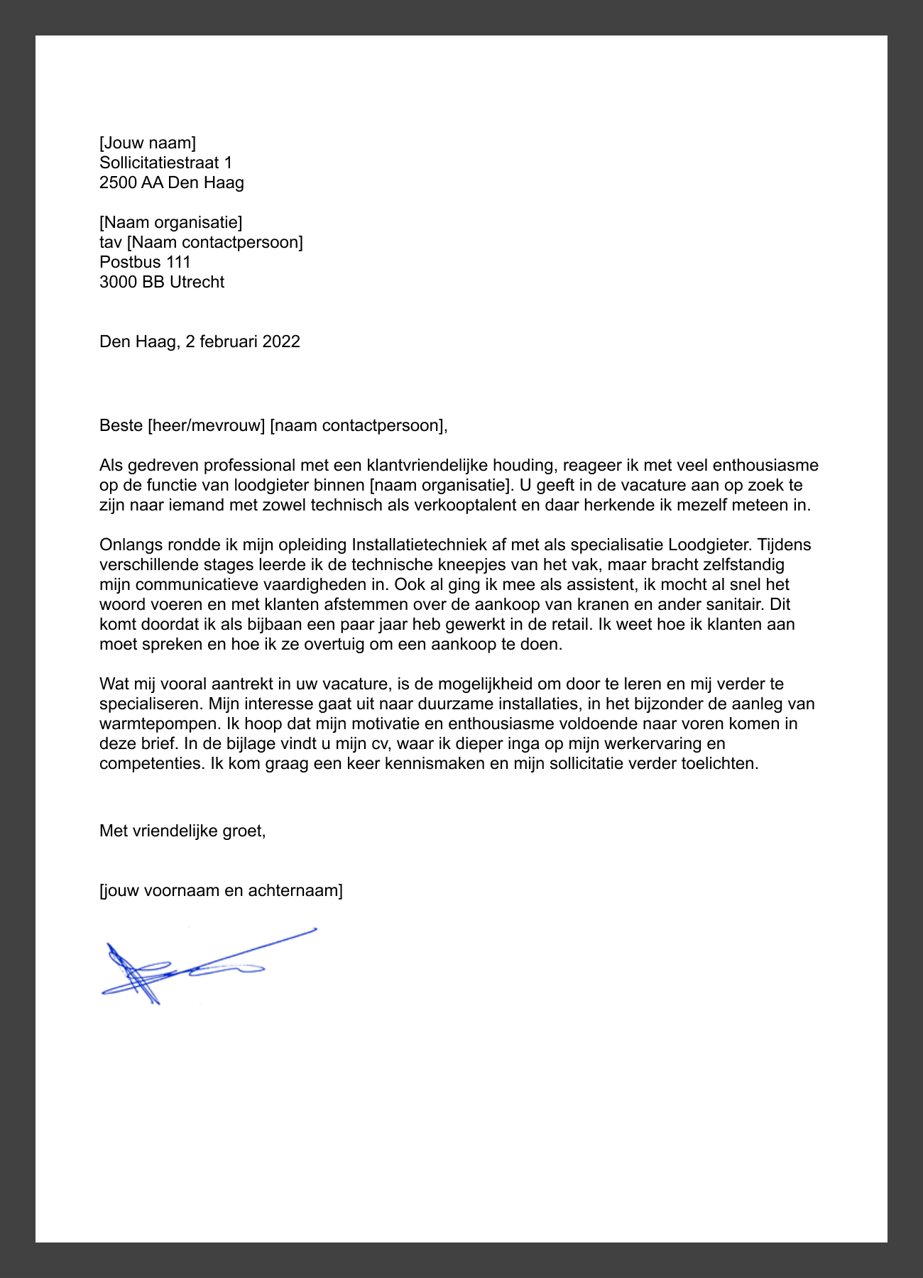 sollicitatiebrief loodgieter
