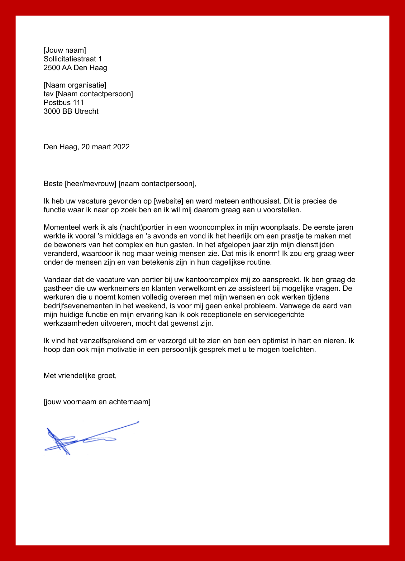 Voorbeeld sollicitatiebrief voor de functie van Portier