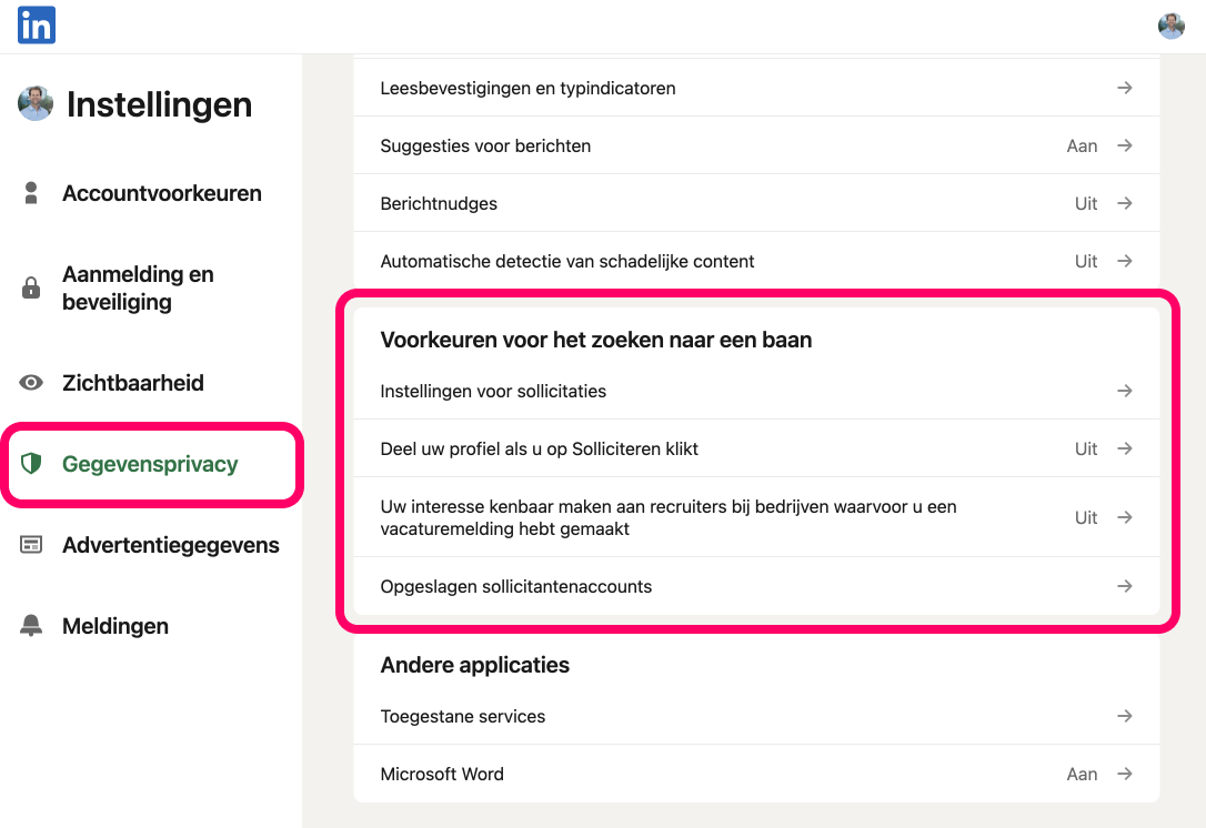 linkedin solliciteren opties
