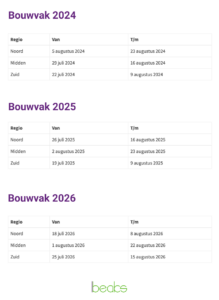 Bouwvak/ terugvaladvies 2026, 2027 en 2028 bouwvak