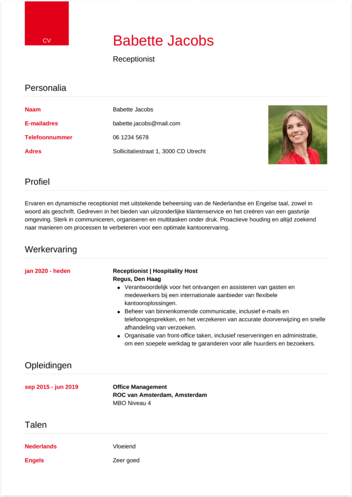 cv voorbeeld receptionist