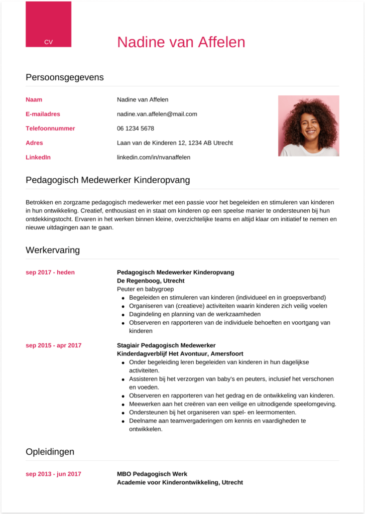 cv pedagogisch medewerker kinderopvang (voorbeeld 2)