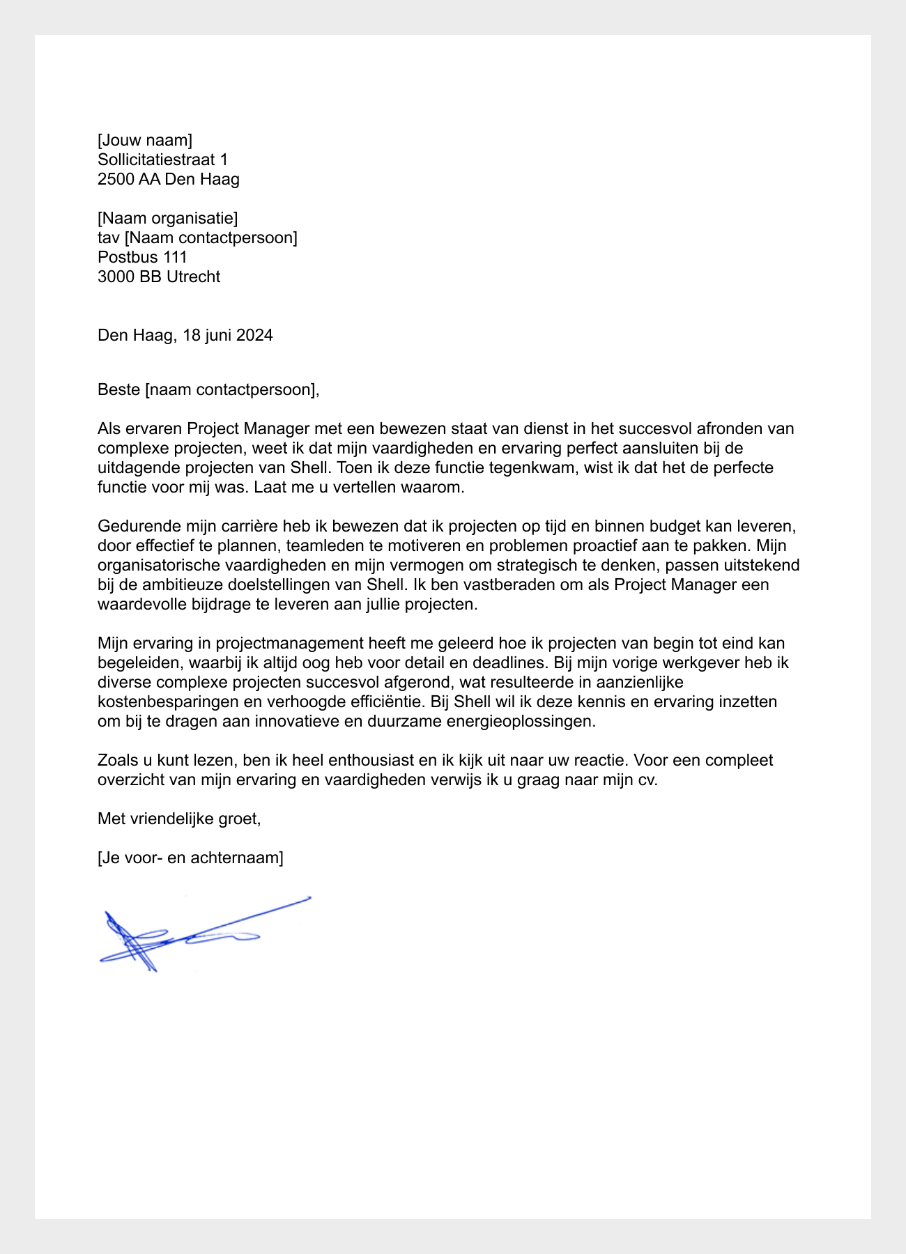 sollicitatiebrief project manager