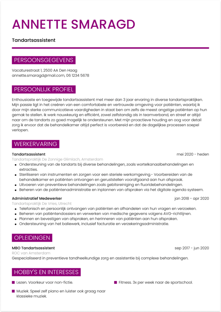 cv tandartsassistent voorbeeld