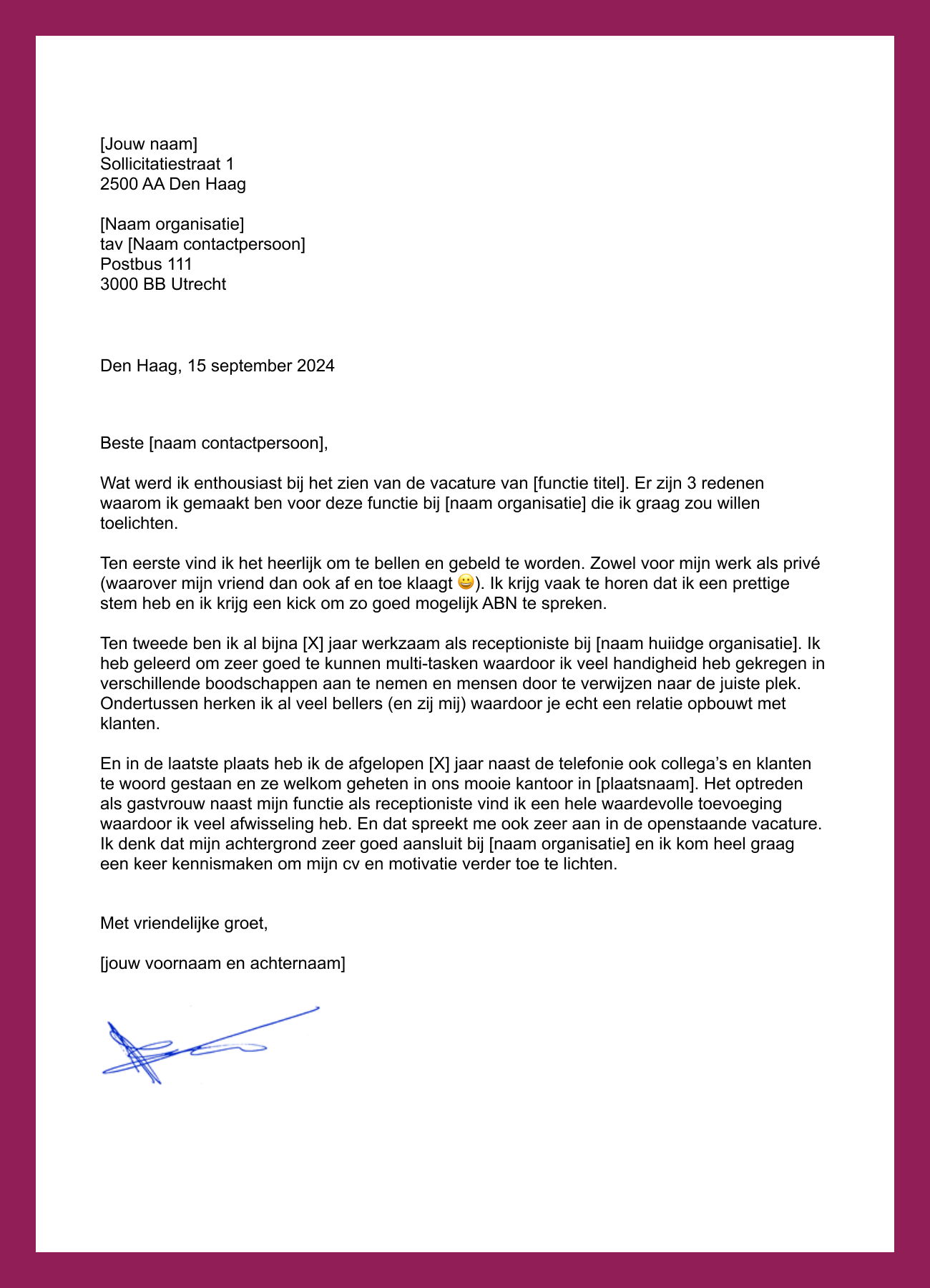 sollicitatiebrief receptionist