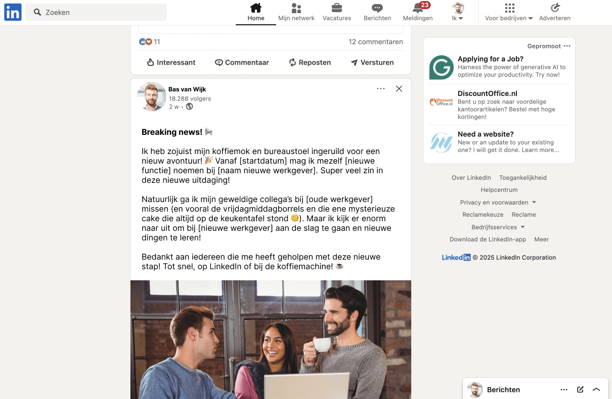 aankondiging nieuwe baan linkedin
