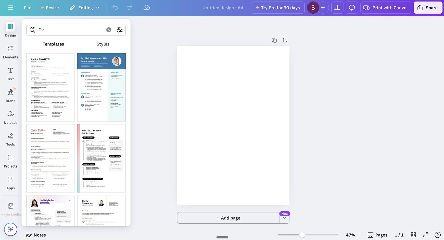 canva cv zoeken