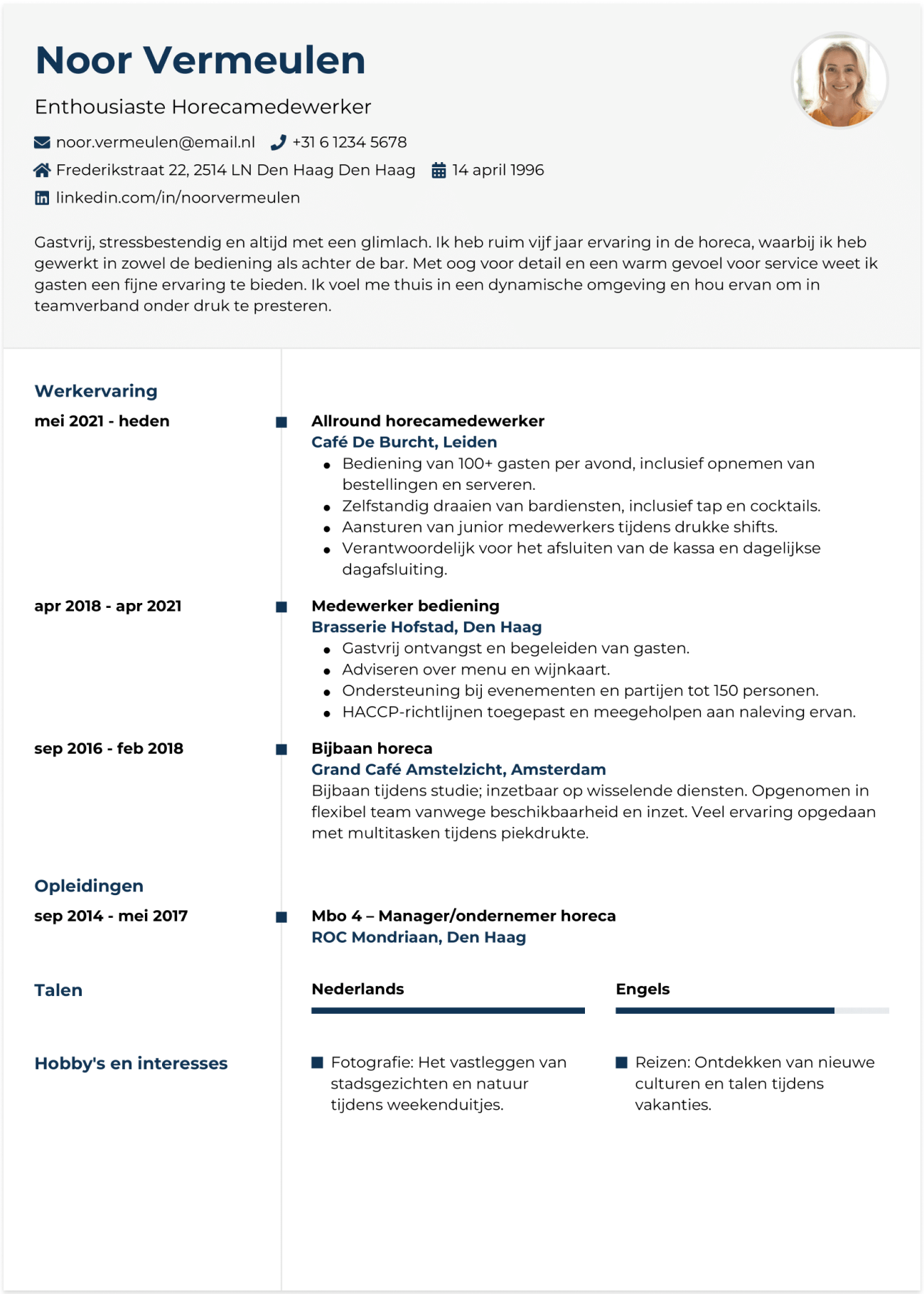 horecamedewerker cv voorbeeld