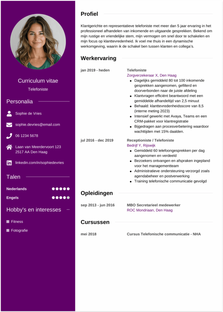 cv telefoniste voorbeeld