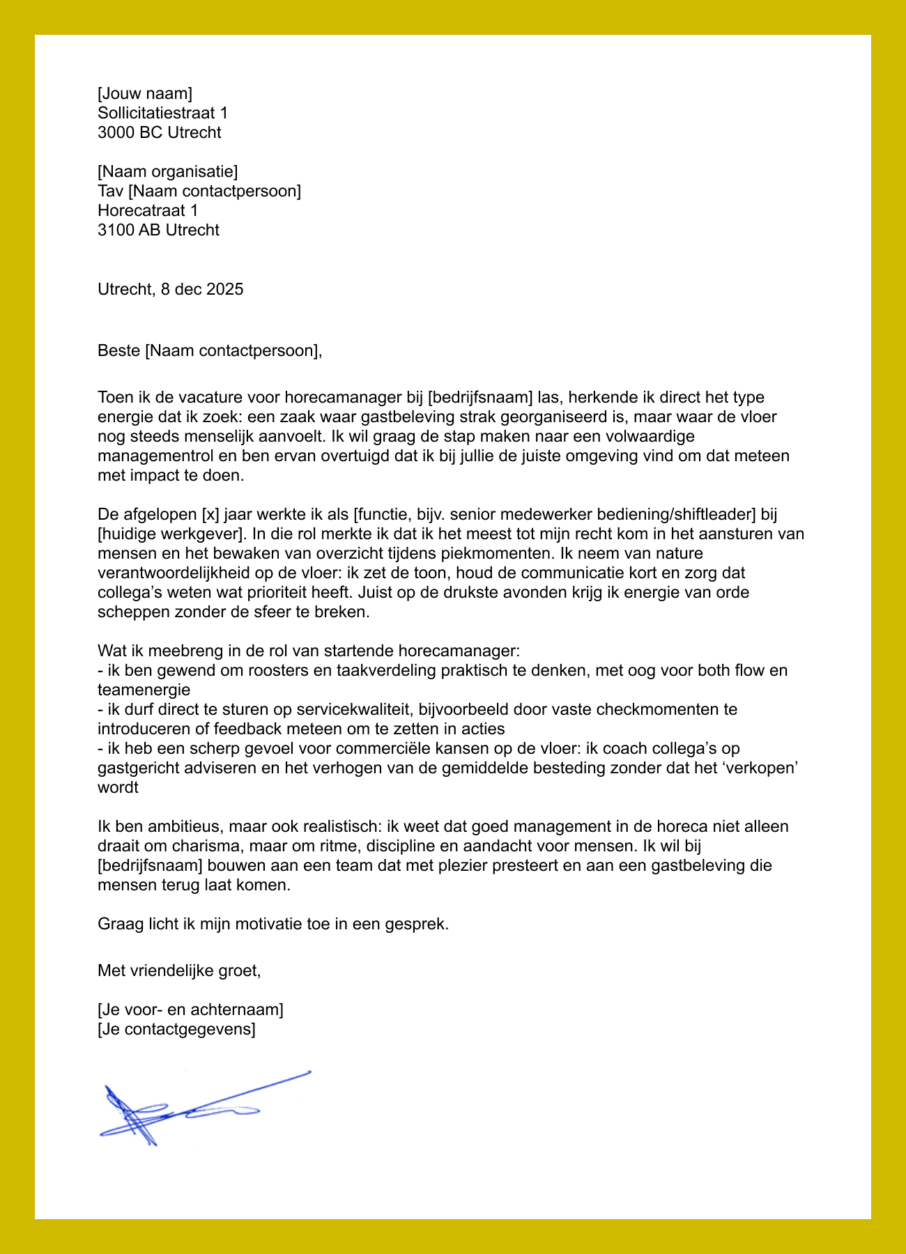 motivatiebrief horecamanager