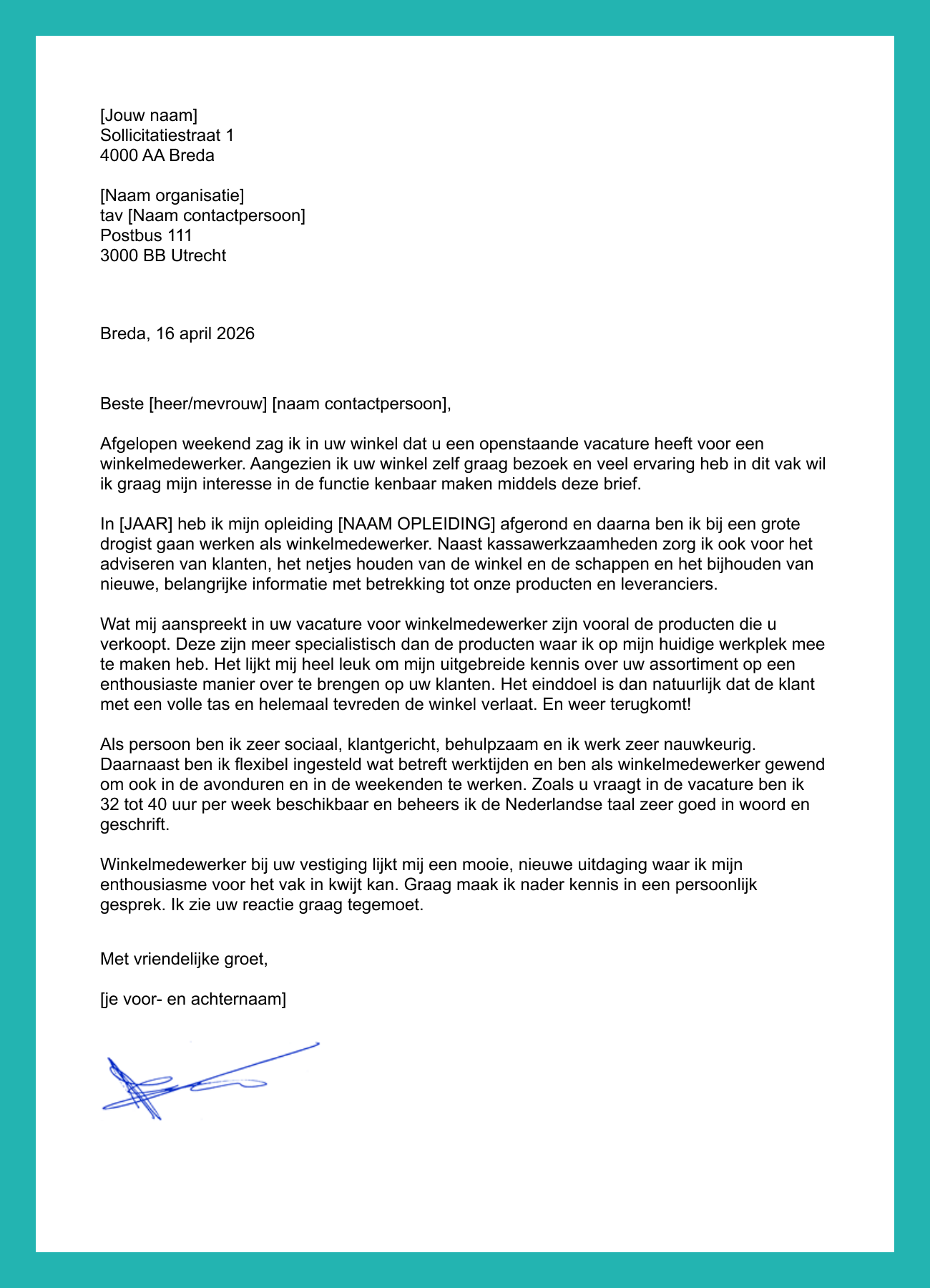 sollicitatiebrief winkelmedewerker
